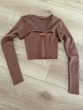 Ribbed Layered Crop Long-Sleeve Top - chocolate brown